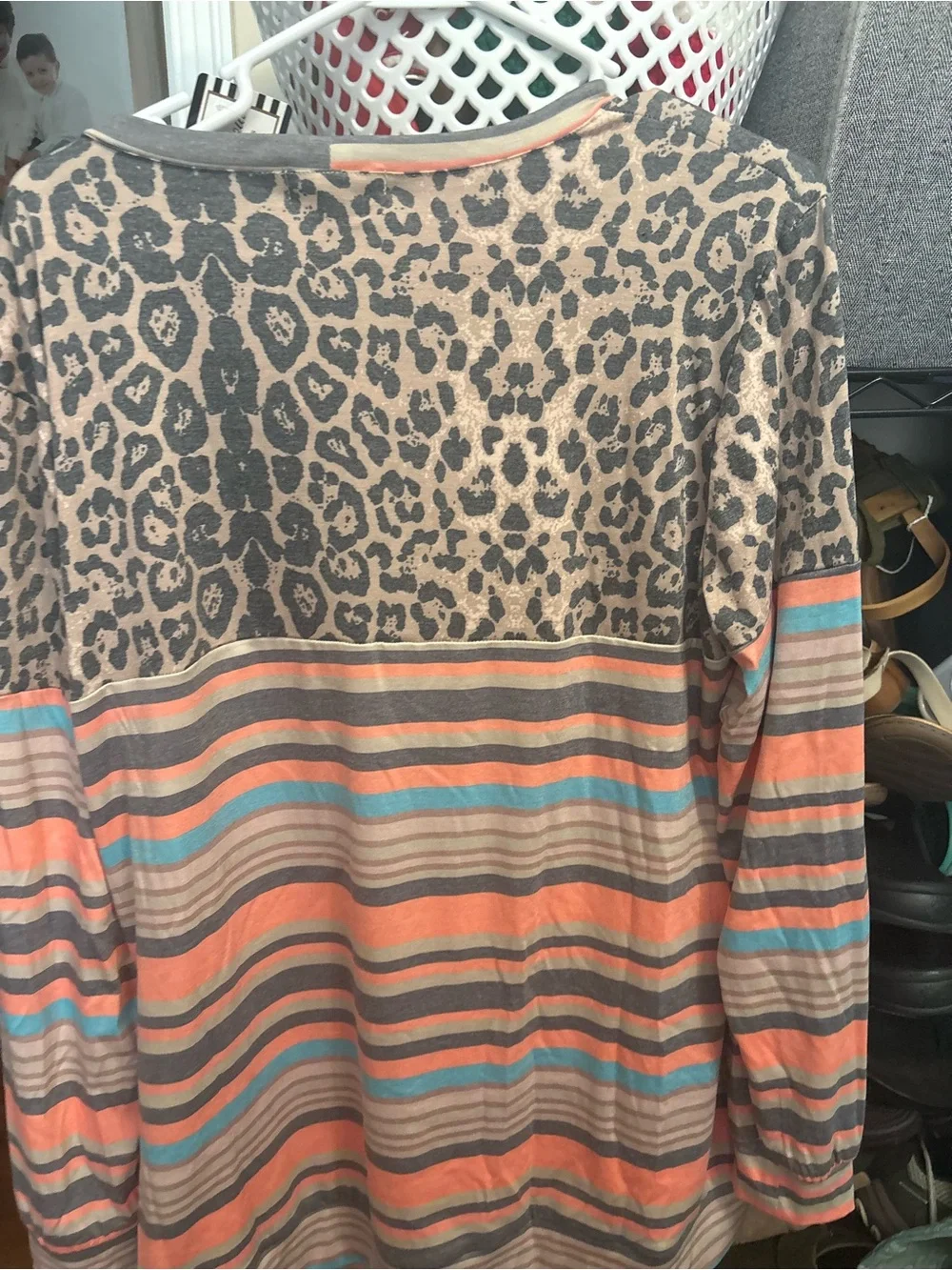 Ladies new Striped & Leopard Print Long Sleeve Pullover - Coral/Turquoise/Gray